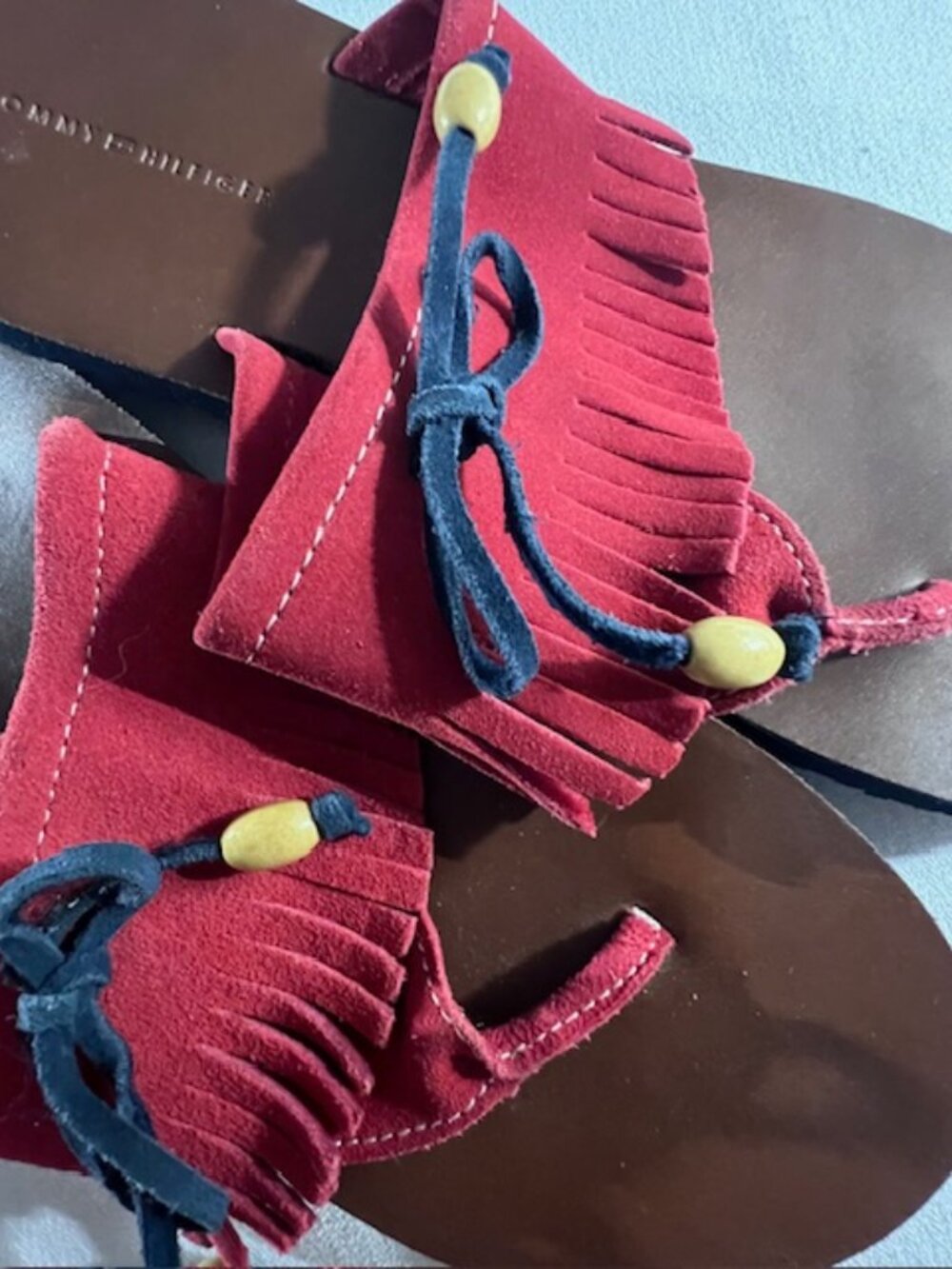 Tommy Hilfiger thong sandals red suede fringe wooden bead accents size 10.5 boho - Picture 3 of 6